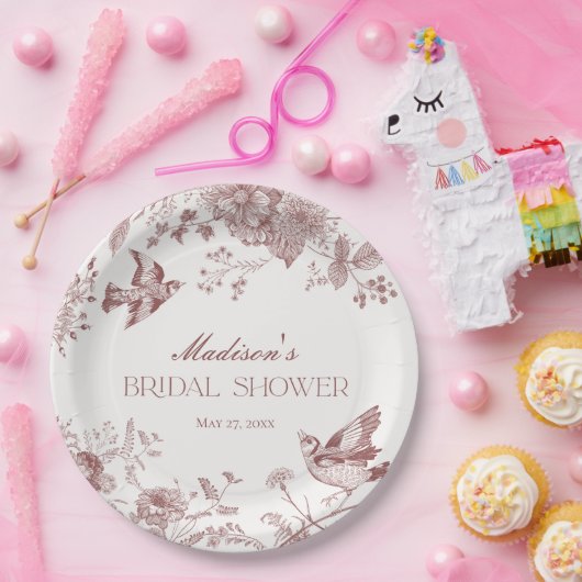 バーガンディ トワール ドゥ ジュイ ヴィンテージ フラワーブライダルシャワー ペーパープレート (パーティー)