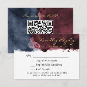 バーガンディ & ネイビーブルーの水彩QRコード招待状返信カード 出欠カード (正面/裏面)