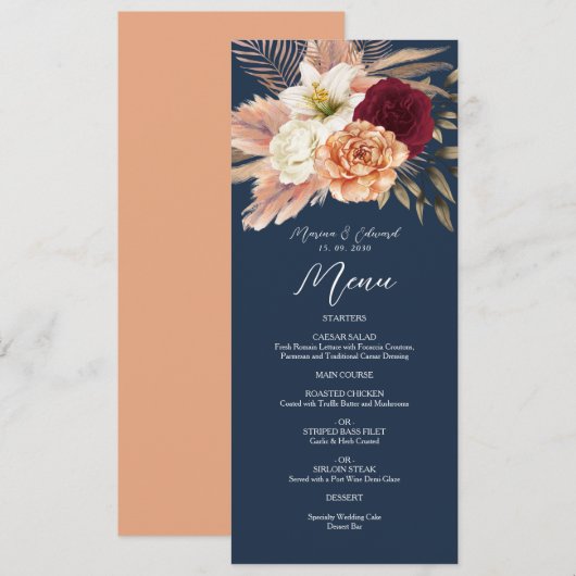 バーガンディ+ネイビーブルーの結婚式 メニュー (正面/裏面)
