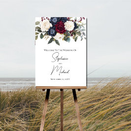 バーガンディ ネイビーブルー クリーム色の花模様 結婚式 サイン