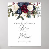 バーガンディ ネイビーブルー クリーム色の花模様 結婚式 サイン (正面)