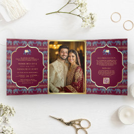 バーガンディ ネイビーブルー ゴールド エレファント インドの結婚式 三つ折り招待状