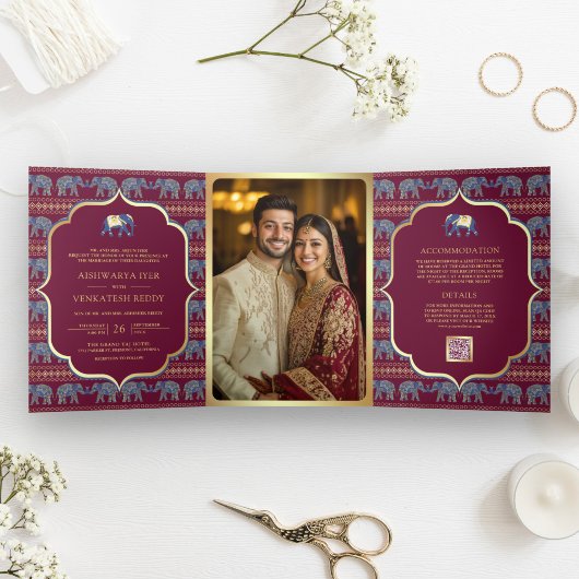 バーガンディ ネイビーブルー ゴールド エレファント インドの結婚式 三つ折り招待状