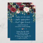 バーガンディ ネイビーブルー フラワーのカリグラフィー ウェディング 招待状 (正面/裏面)