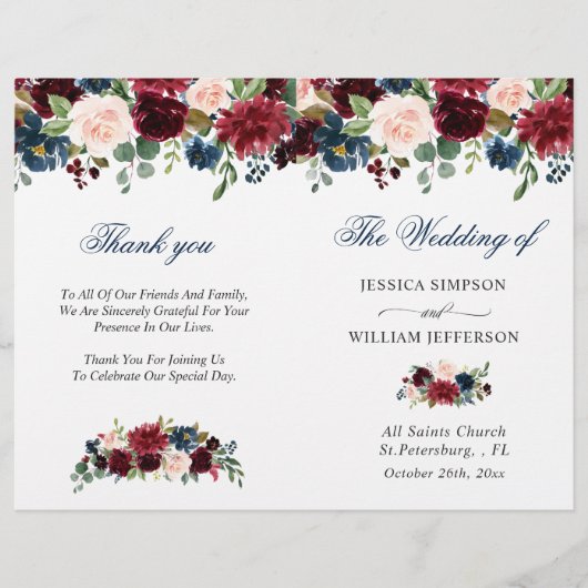 バーガンディ ネイビーブルー ブラッシュ ウェディング セレモニー プログラム (正面)