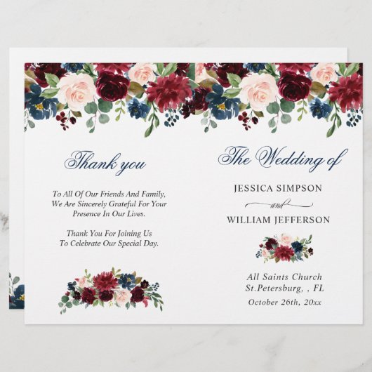 バーガンディ ネイビーブルー ブラッシュ ウェディング セレモニー プログラム (正面/裏面)