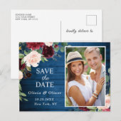 バーガンディ ネイビーブルー ブラッシュ ウェディング セーブ・ザ・デート 案内ポストカード (正面/裏面)