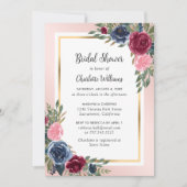 バーガンディ ネイビーブルー ブラッシュ ゴールド フラワーブライダルシャワー 招待状 (正面)