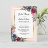 バーガンディ ネイビーブルー ブラッシュ ゴールド フラワーブライダルシャワー 招待状 (スタンド正面)