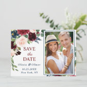 バーガンディ ネイビーブルー ブラッシュ フォト フラワーの結婚式 セーブザデート (スタンド正面)