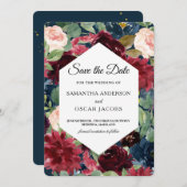 バーガンディ ネイビーブルー & レッド 水彩 フラワーフレーム セーブザデート (正面/裏面)