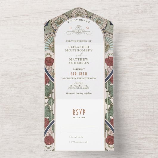 バーガンディ ネイビーブルー ヴィンテージ ウェディング アールヌーヴォー オールインワン招待状 (内側)