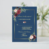 バーガンディ ネイビーブルー 花束 ゴールドの結婚式 出欠カード (スタンド正面)
