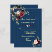 バーガンディ ネイビーブルー 花束 ゴールド 結婚式 出欠カード (正面/裏面)