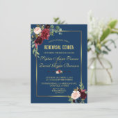 バーガンディ ネイビーブルー 花柄 ゴールドのリハーサルディナー 招待状 (スタンド正面)