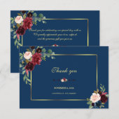 バーガンディ ネイビーブルー 花柄 ゴールドフレーム ウェディング サンキューカード (正面/裏面)