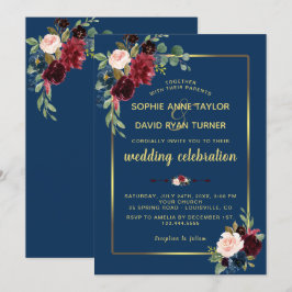 バーガンディ ネイビーブルー 花柄 ゴールドフレーム ウェディング 招待状