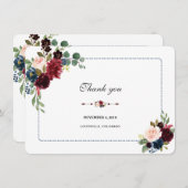 バーガンディ ネイビーブルー 花柄 フレーム 結婚式 お礼 招待状 (正面/裏面)