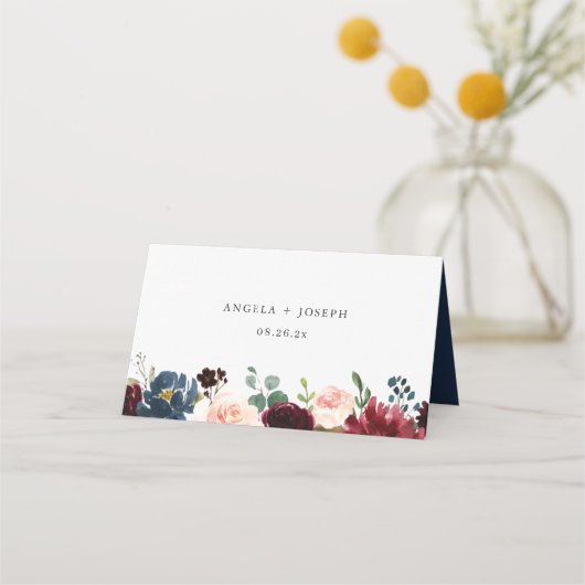 バーガンディ ネイビーブルー 花柄 モダン 幾何学 結婚式 プレイスカード (裏面)