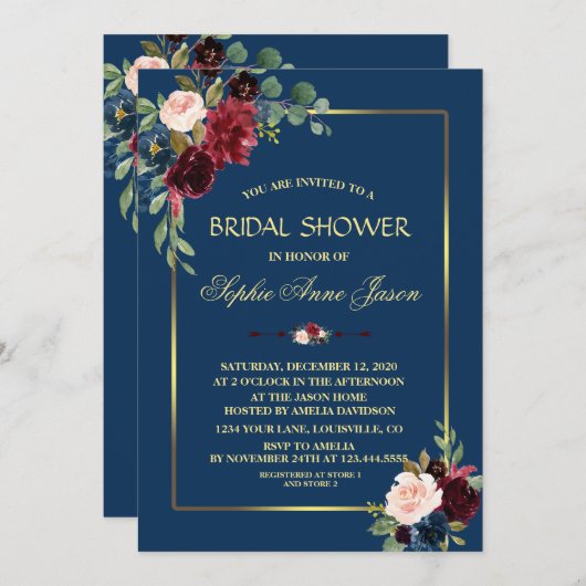 バーガンディ ネイビーブルー 花飾り ゴールドフレーム ブライダルシャワー 招待状 (正面/裏面)