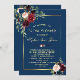 バーガンディ ネイビーブルー 花飾り ゴールドフレーム ブライダルシャワー 招待状