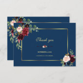 バーガンディ ネイビーブルー 花 モダン ゴールドフレーム 結婚式 サンキューカード (正面/裏面)