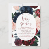 バーガンディ ネイビーブルー 花 ユーカリ ベイビーシャワー 招待状 (正面)