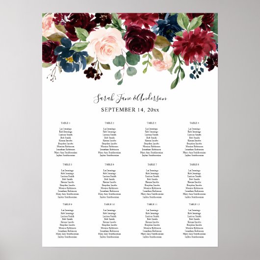 バーガンディ、ネイビー赤面ピンクフローラシーティングチャート–12 ポスター (正面)