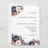 バーガンディ ネイビー クリーム フラワー ウォーターカラー ウェディング 招待状 (正面)