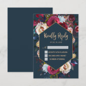 バーガンディ ネイビー ピーチ フラワーフレーム ウェディング RSVP カード (正面/裏面)