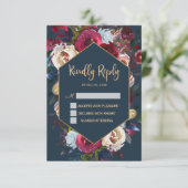 バーガンディ ネイビー ピーチ フラワー フレーム 結婚式 RSVP カード (スタンド正面)