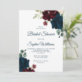 バーガンディ & ネイビー フラワーズ ラスティック ウッド ブライズシャワー 招待状 (スタンド正面)