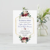 バーガンディ ネイビー フラワープリント ゴールド ヘキサゴン リハーサル ディナー 招待状 (スタンド正面)