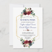 バーガンディ ネイビー フラワープリント ゴールド ヘキサゴン リハーサル ディナー 招待状 (正面)