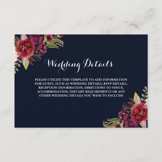 バーガンディ ネイビー フラワー ウェディング レセプションの詳細 エンクロージャーカード (正面)