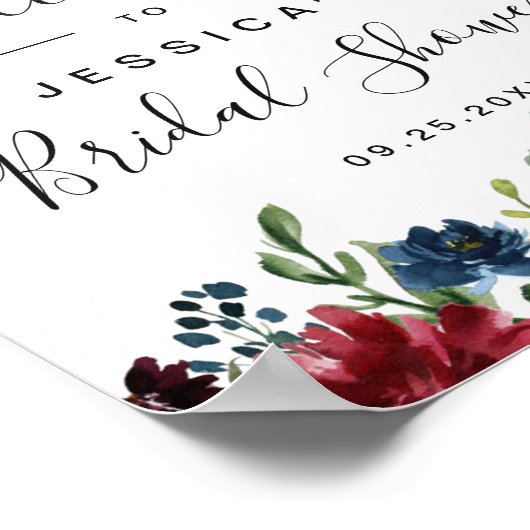 バーガンディ ネイビー フラワー ウェルカム ブライダル シャワー サイン (角)