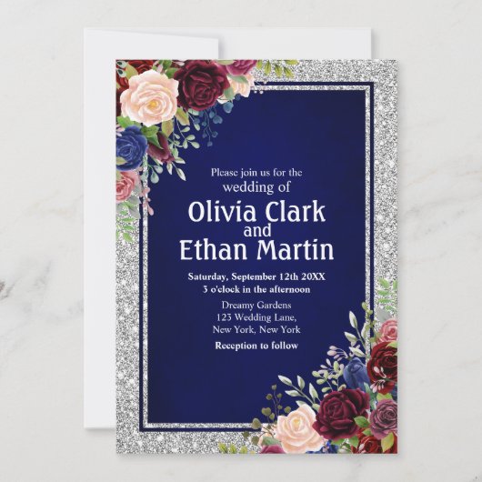 バーガンディ ネイビー フラワー シルバーフレーム 招待状 (正面)