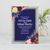 バーガンディ ネイビー フラワー シルバーフレーム 招待状 (スタンド正面)