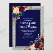 バーガンディ ネイビー フラワー シルバーフレーム 招待状 (正面/裏面)