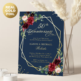 バーガンディ ネイビー フラワー ジオメトリック ウェディング アニバーサリー 箔招待状