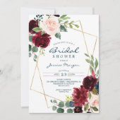 バーガンディ ネイビー フラワー ブライダル シャワー 招待状 (正面)