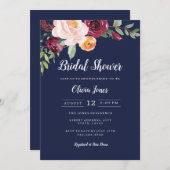 バーガンディ ネイビー フラワー ブライダル シャワー 招待状 (正面/裏面)