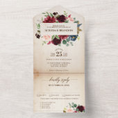 バーガンディ ネイビー フラワー ラスティック カントリー ボーホー ウェディング オールインワン招待状 (内側)
