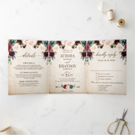 バーガンディ ネイビー フラワー ラスティック カントリー ボーホー ウェディング 三つ折り案内状