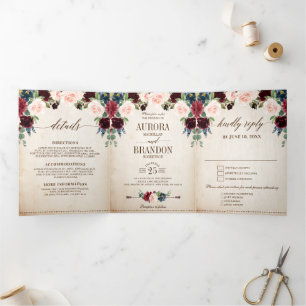 バーガンディ ネイビー フラワー ラスティック カントリー ボーホー ウェディング 三つ折り案内状