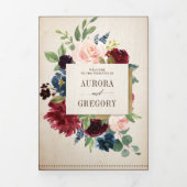 バーガンディ ネイビー フラワー ラスティック カントリー ボーホー ウェディング 三つ折り案内状 (カバー)