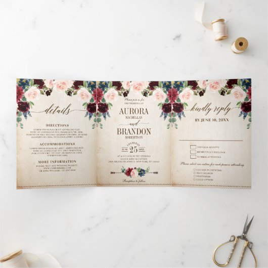 バーガンディ ネイビー フラワー ラスティック カントリー ボーホー ウェディング 三つ折り案内状 (内部)