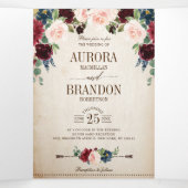 バーガンディ ネイビー フラワー ラスティック カントリー ボーホー ウェディング 三つ折り案内状 (内部中)