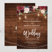 バーガンディ ネイビー フラワー ラスティック ストリング ライト ウェディング 招待状 (正面/裏面)