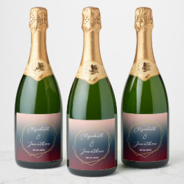 バーガンディ ネイビー ブラッシュ オンブレ ジオメトリック ウェディング スパークリングワインラベル